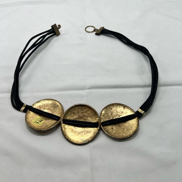 Vtg Medallion Belt Gold Metal Textured Circles Black Accents Black Cording main image 5